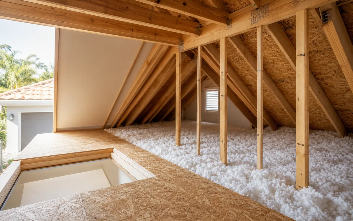 Clean Florida attic with fresh blown-in insulation and visible roof framing